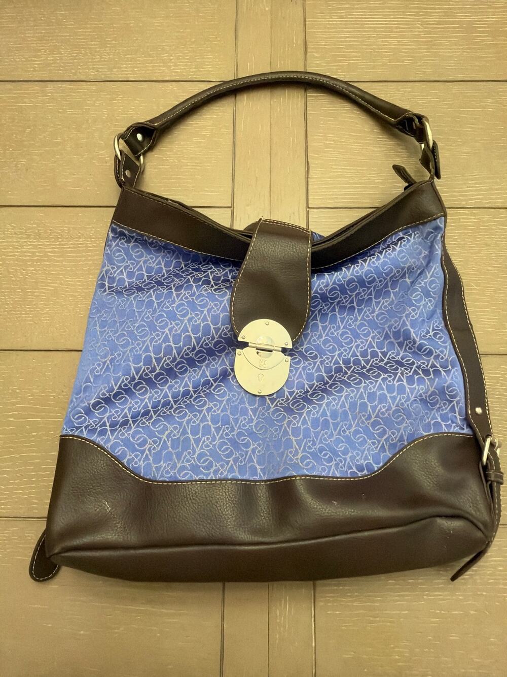 New York & Company Hobo Bag Women Large Blue Monogram Faux Leather
